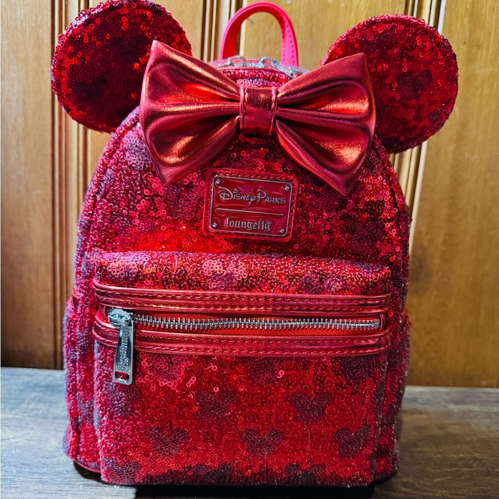 Disney Parks Red Loungefly Minnie Mouse Sequins  Backpack Hidden Minnie’s NEW